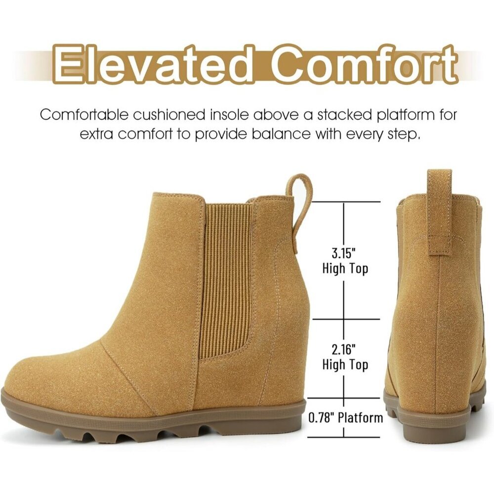 Athlefit Women's Light Brown Faux Leather Wedge Comfortable Ankle Wedge Booties - Picture 2 of 6